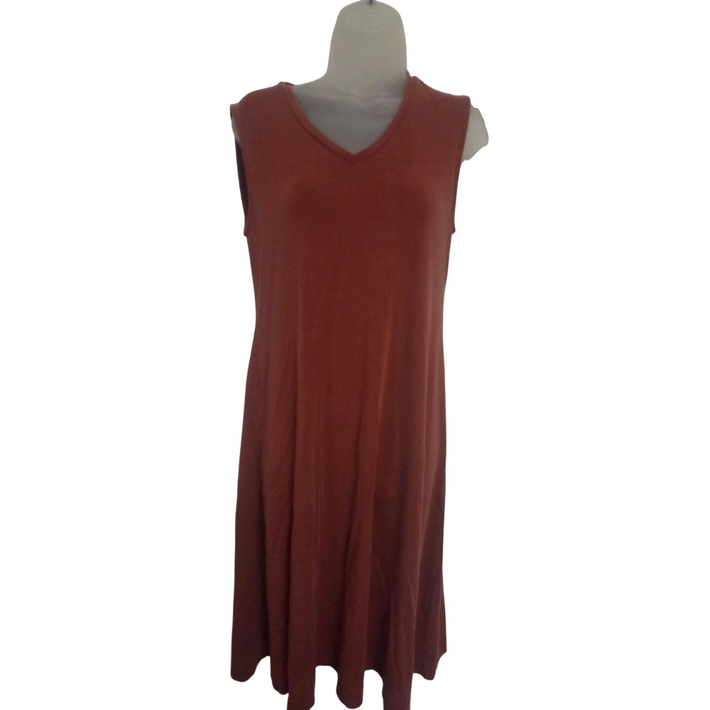 Eileen Fisher Terracotta V-Neck Sleeveless Tencel Midi Dress Rust XXS
